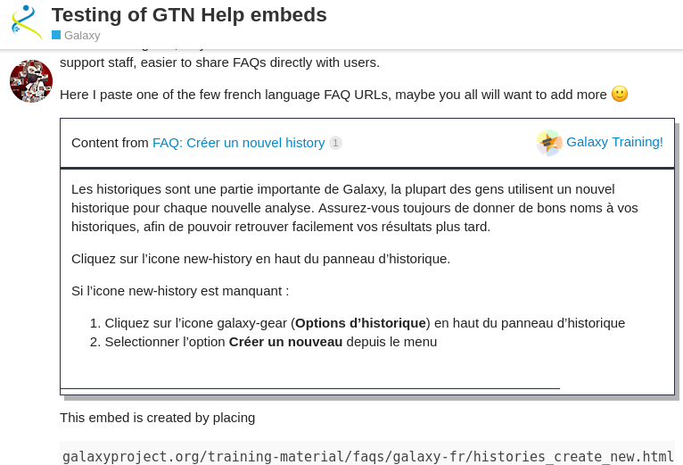 screenshot of a discourse post, a black and white box shows "FAQ: Créer un nouvel history" and the contents of the FAQ.