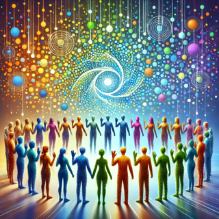 A swirl of happy, psychedelic people holding up a Vulcan salute, surrounded by dots in different colours representing cells.