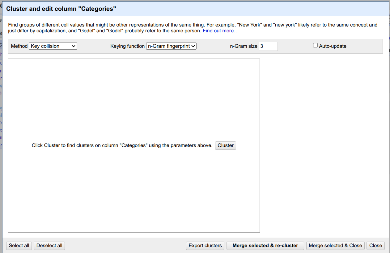 Cluster and edit column Categories.