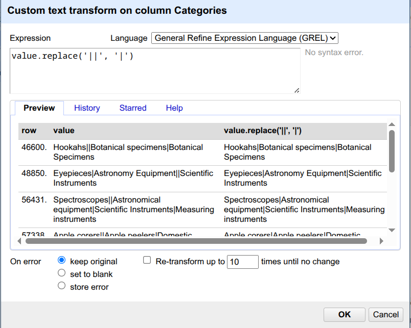 Custom text transform on column Categories.