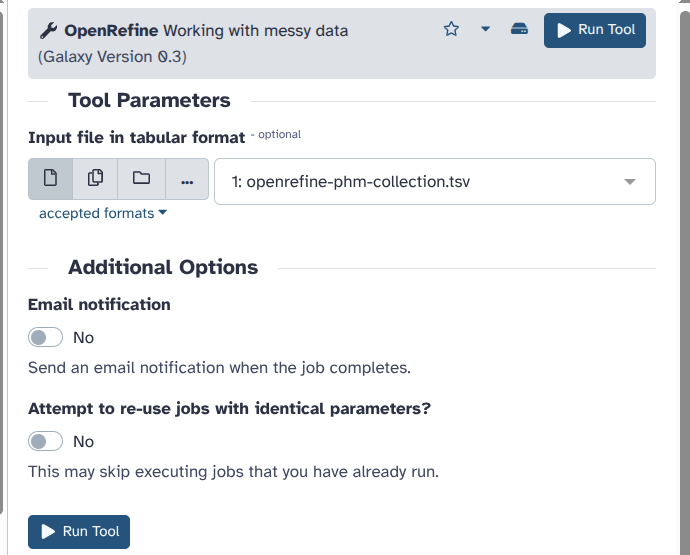 OpenRefine tool interface in Galaxy.