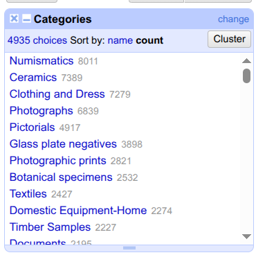 Text faceting of atomized Categories sorted by count.