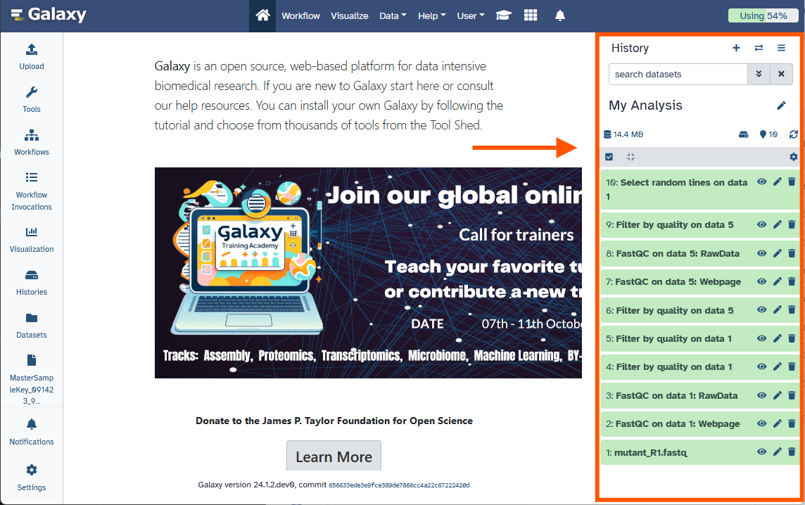 Screenshot of the Galaxy UI with the toolbox, center panel, and history visible.