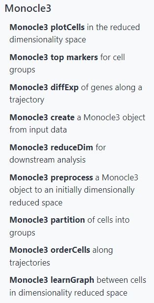 Screenshot of the Monocle3 tools available in Galaxy