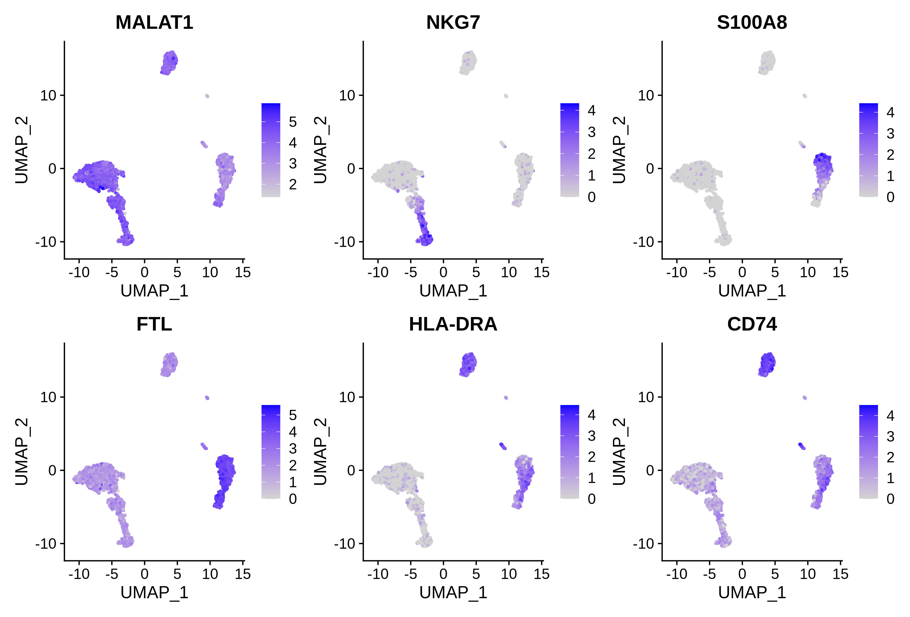 Six versions of the same UMAP plot, each coloured by the expression of a different gene. MALAT1 shows higher expression in the clusters where FTL expression is low. NKG7 expression is highest in clusters 4, 5 and 7 while HLA-DRA expression is highest in clusters 1, 3, 6 and 9. s100A8 expression is mainly in cluster 1 while CD74 expression is highest in cluster 3.