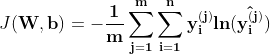 Mathematical formula for calcuating the cross entropy cost function, which is just the average of cross entropy loss functions for training samples.