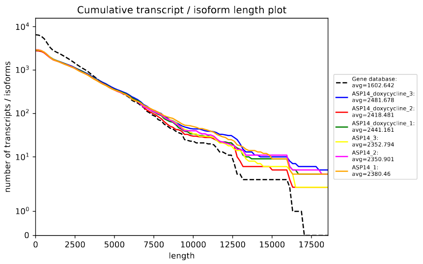 Post-assembly QC. rnaQUAST, which will provide us diverse completeness/correctness statistics very useful in order to identify and address potential errors or gaps in the assembly process. The figure is a rnaQUAST cummulative isoform plot.